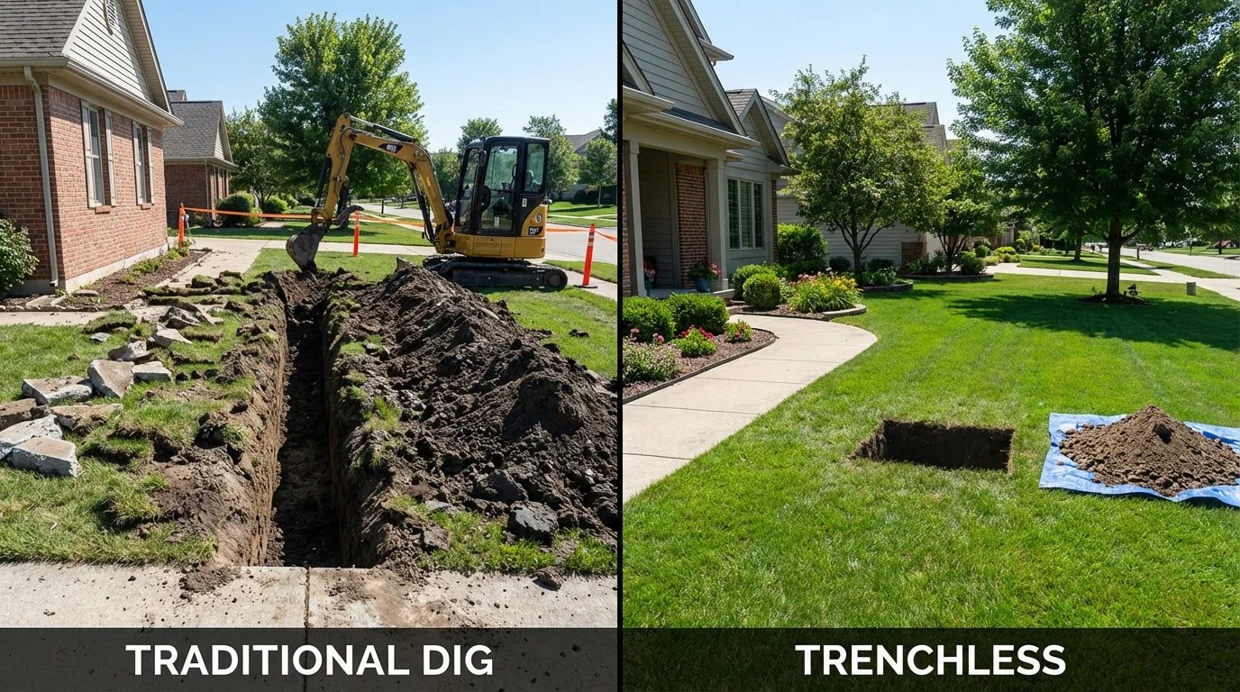 Trenchless sewer repair with minimal yard damage versus traditional excavation in Andover, MN